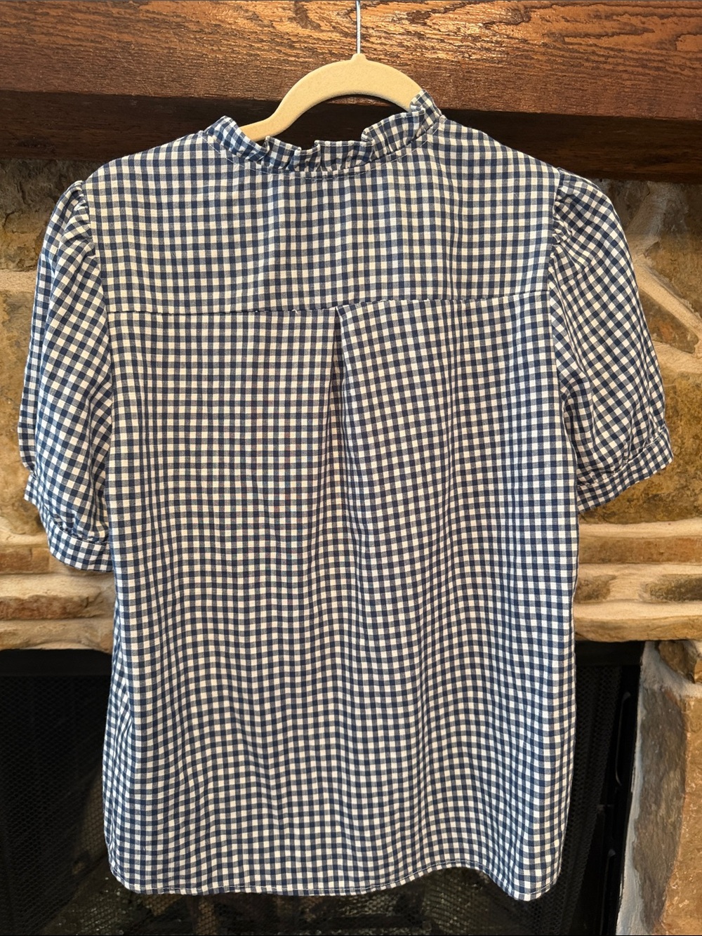 Blue and White Gingham Ruffle-Front Women’s Casual Top - Picture 2 of 3